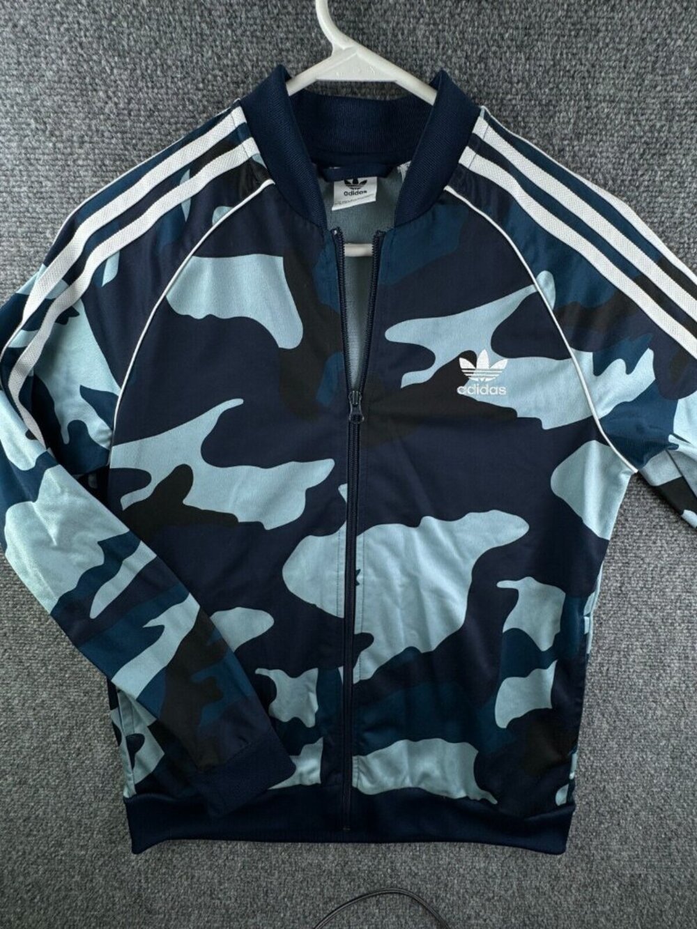 Adidas Boys Large Blue Camo Jacket Full Zip Youth W/ Logo, Pockets Kids